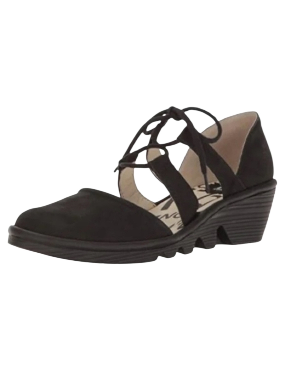 Fly London Poma Black Suede Wedge Closed Toe‎ Strappy Lace Shoes 36 US 5.5-6
